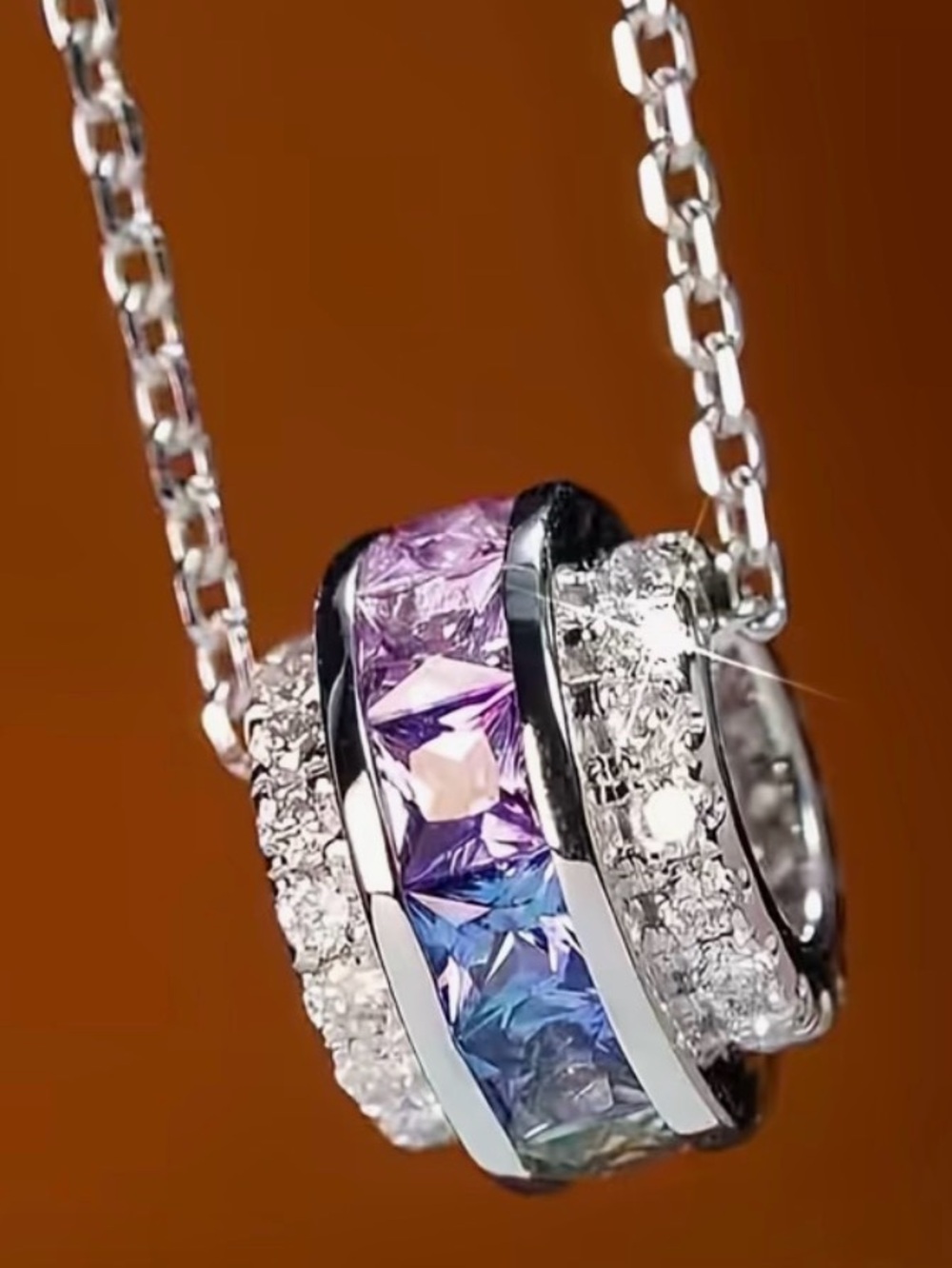Multi-Color Ring Silver Pendant Necklace with Purple/Blue/Pink Cubic Zirconias - Picture 3 of 11